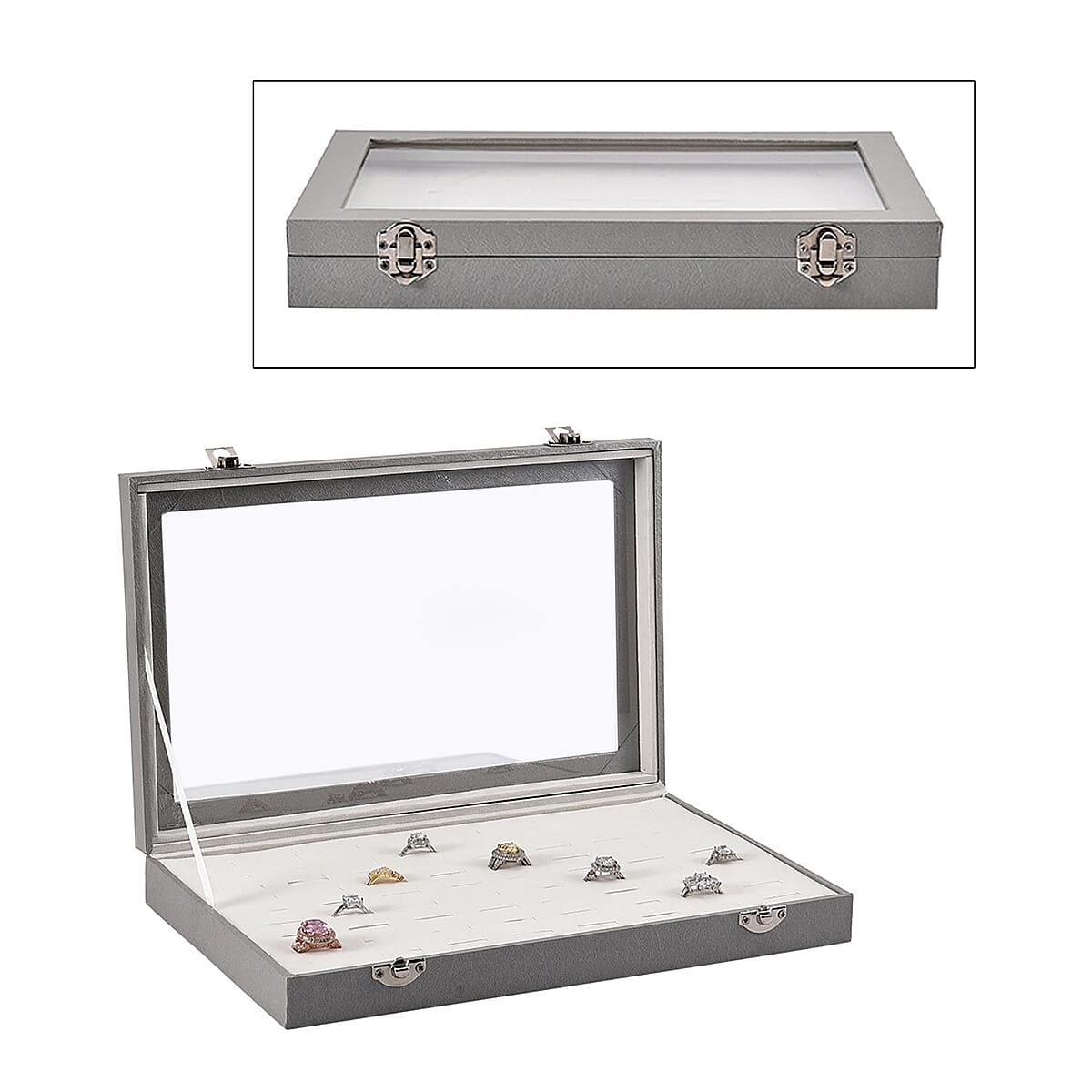 Silver Faux Leather Jewelry Organizer with Acrylic Window & Latch Clasp (72 Rings Slots) (11.5"x1.5"x7.25") image number 0