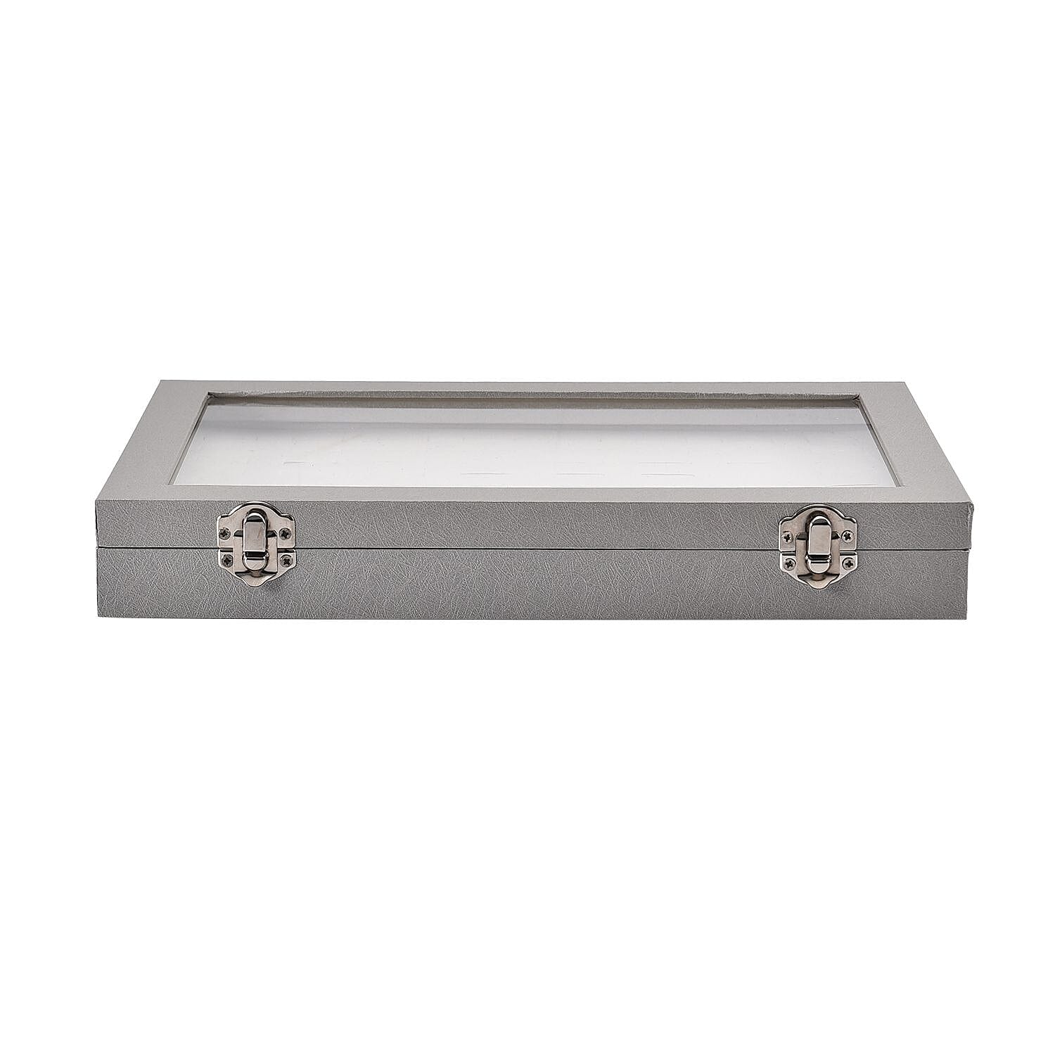 Silver Faux Leather Jewelry Organizer with Acrylic Window & Latch Clasp (72 Rings Slots)