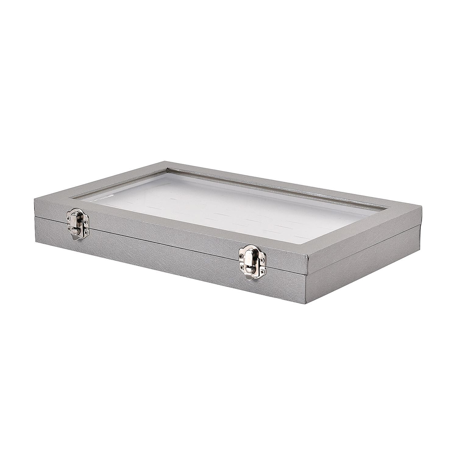 Silver Faux Leather Jewelry Organizer with Acrylic Window & Latch Clasp (72 Rings Slots)
