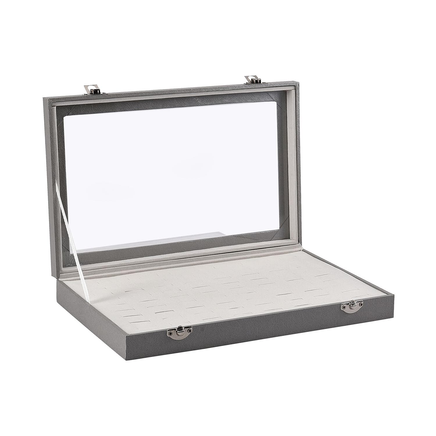 Silver Faux Leather Jewelry Organizer with Acrylic Window & Latch Clasp (72 Rings Slots)