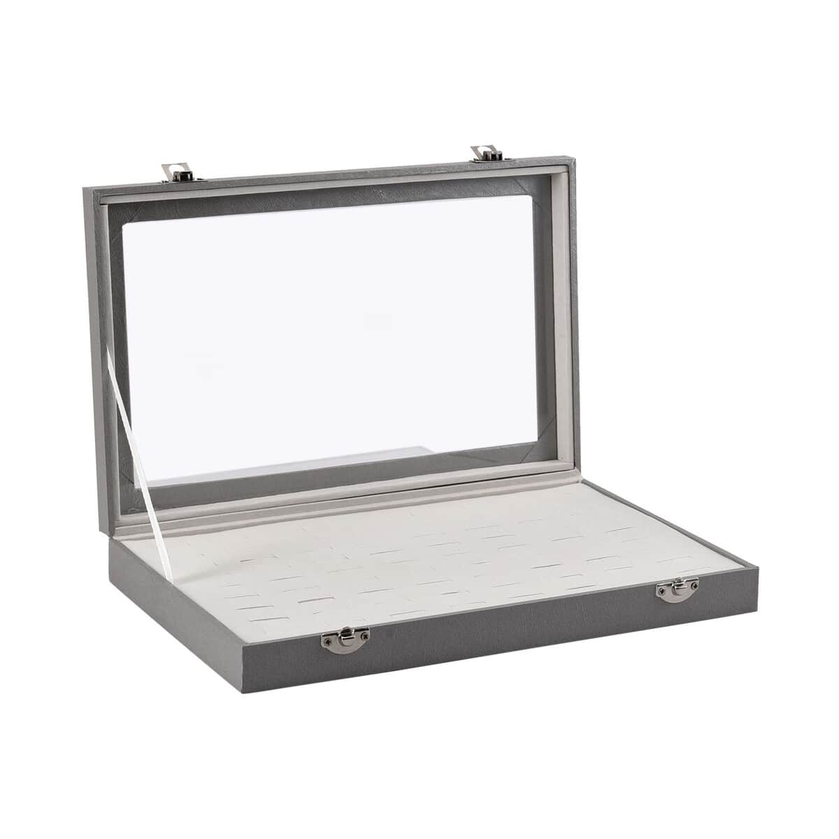 Silver Faux Leather Jewelry Organizer with Acrylic Window & Latch Clasp (72 Rings Slots) (11.5"x1.5"x7.25") image number 4