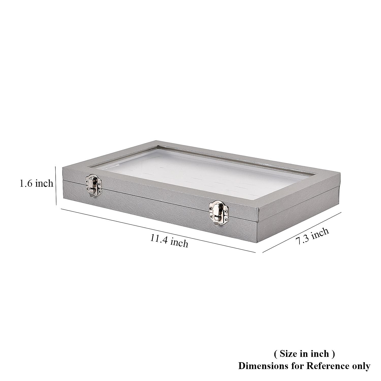 Silver Faux Leather Jewelry Organizer with Acrylic Window & Latch Clasp (72 Rings Slots)