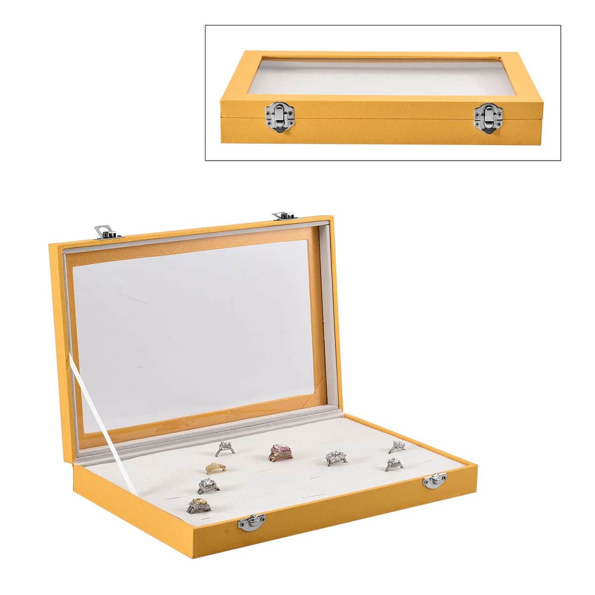 Golden Faux Leather Jewelry Organizer with Acrylic Window & Latch Clasp (72 Rings Slots) image number 0