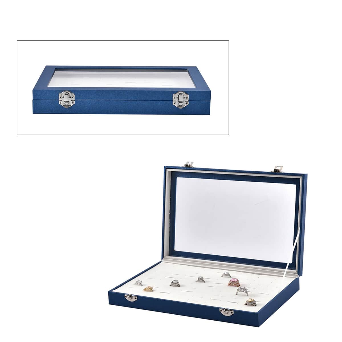 Navy Blue Faux Leather Jewelry Organizer with Acrylic Window & Latch Clasp (72 Rings Slots) image number 0