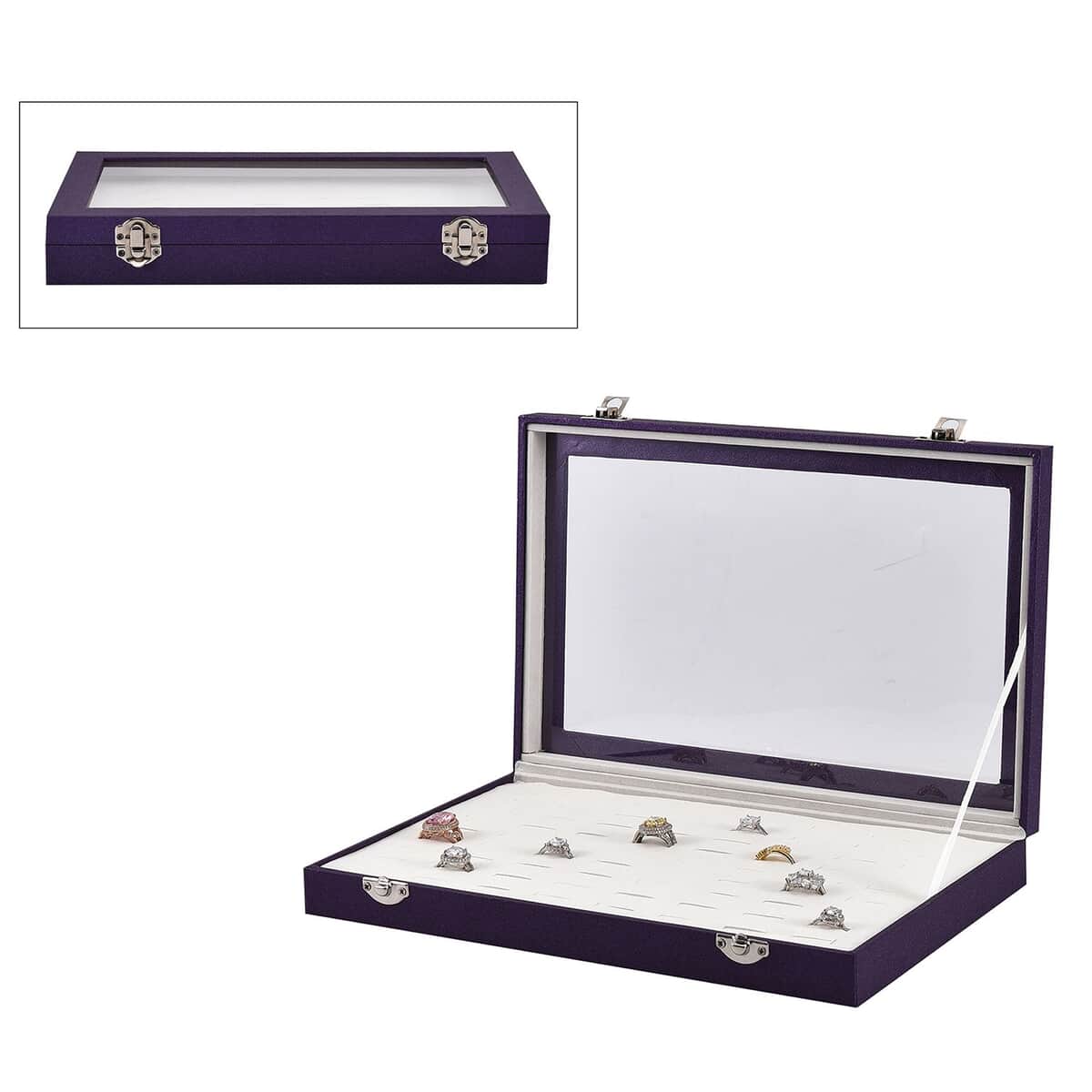 Purple Faux Leather Jewelry Organizer with Acrylic Window & Latch Clasp (72 Rings Slots) image number 0