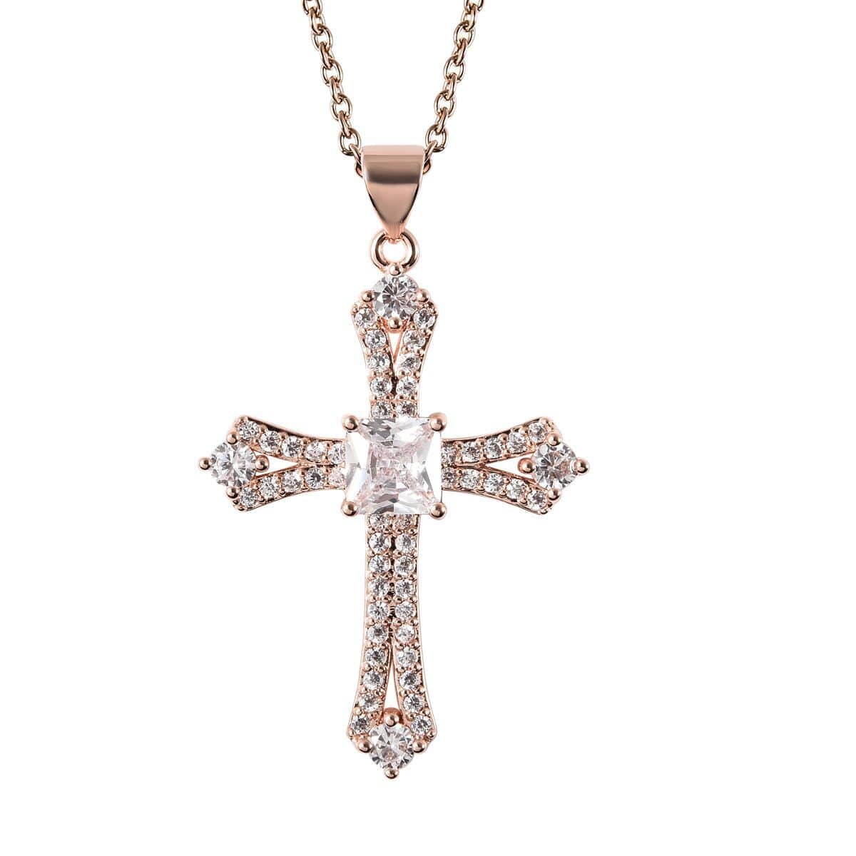 Simulated Diamond Cross Pendant in Rosetone with ION Plated Rose Gold Stainless Steel Necklace 20 Inches 2.65 ctw image number 0