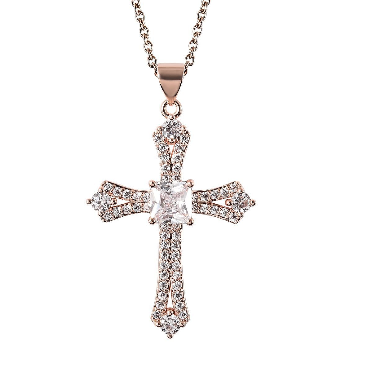 Simulated Diamond Cross Pendant in Rosetone with ION Plated Rose Gold Stainless Steel Necklace 20 Inches 2.65 ctw image number 0