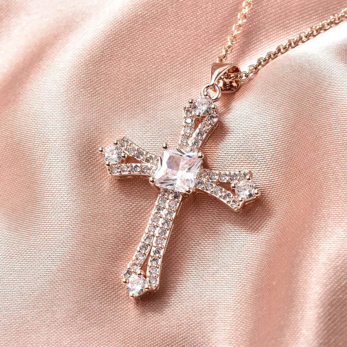 Simulated Diamond Cross Pendant in Rosetone with ION Plated Rose Gold Stainless Steel Necklace 20 Inches 2.65 ctw image number 1