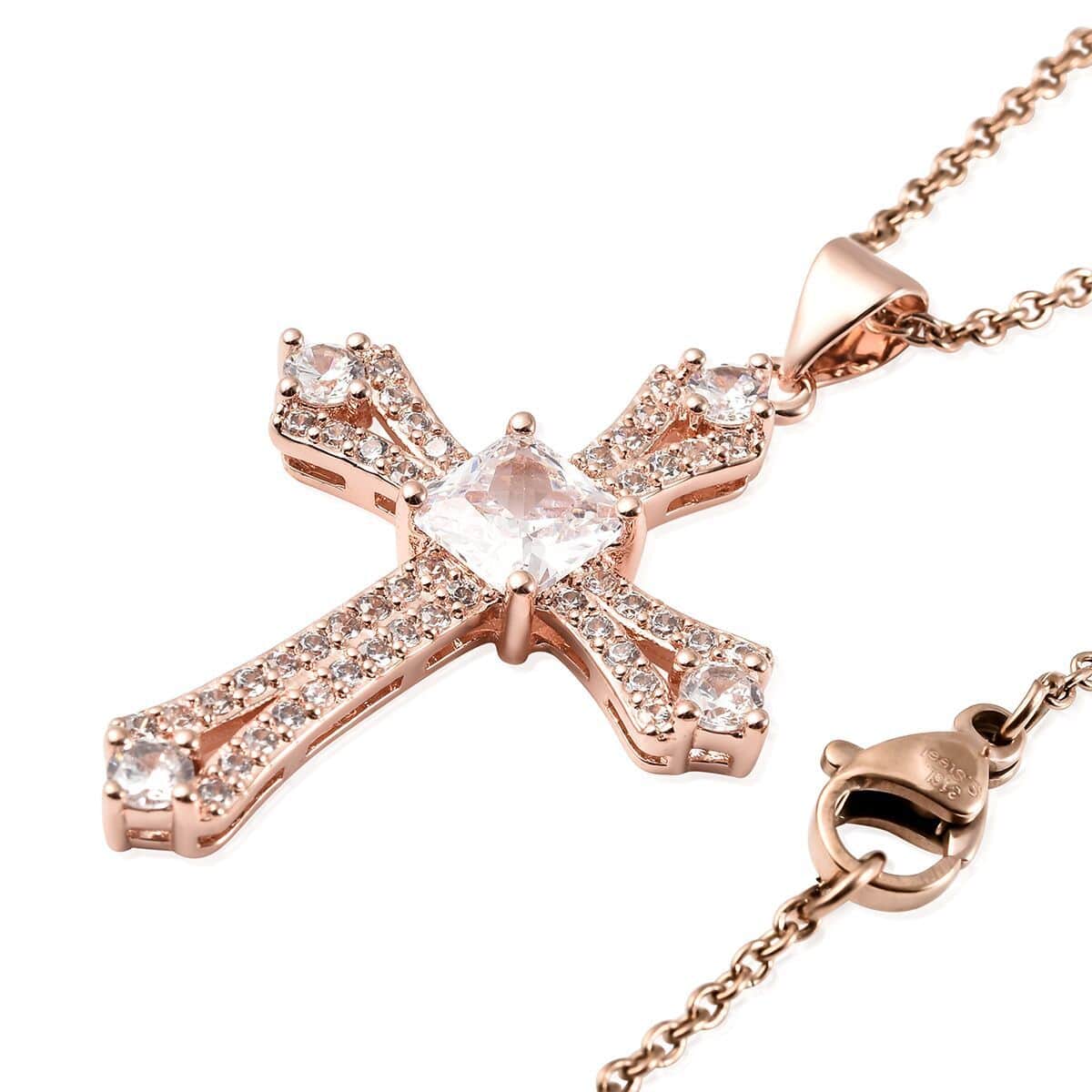 Simulated Diamond Cross Pendant in Rosetone with ION Plated Rose Gold Stainless Steel Necklace 20 Inches 2.65 ctw image number 3
