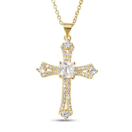 Simulated Diamond Cross Pendant in Goldtone with ION Plated YG Stainless Steel Necklace 20 Inches image number 0