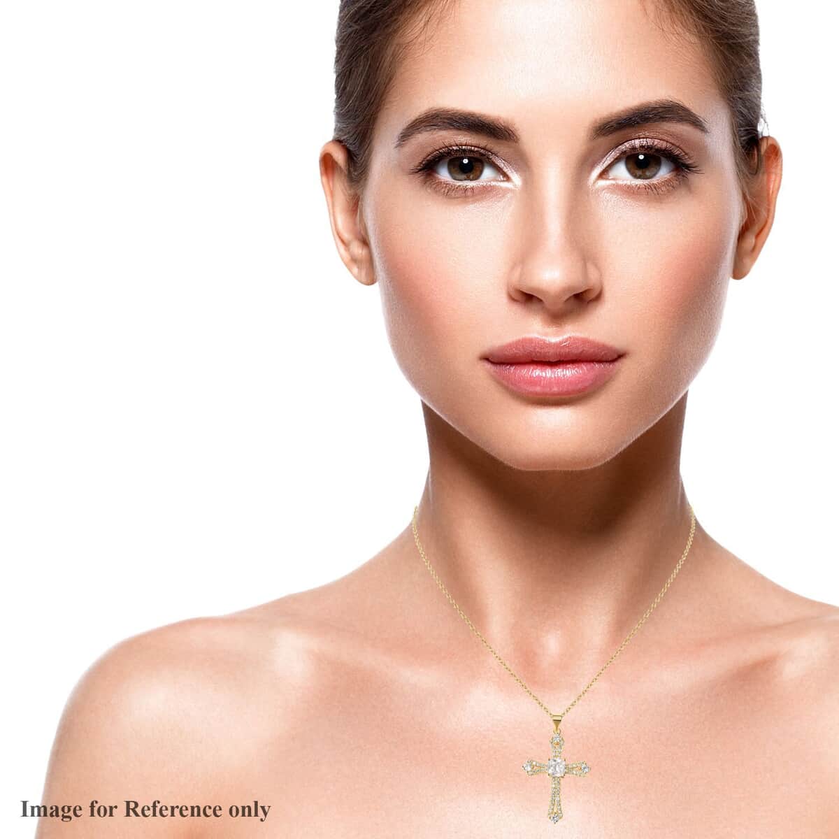Simulated Diamond Cross Pendant in Goldtone with ION Plated YG Stainless Steel Necklace 20 Inches image number 2