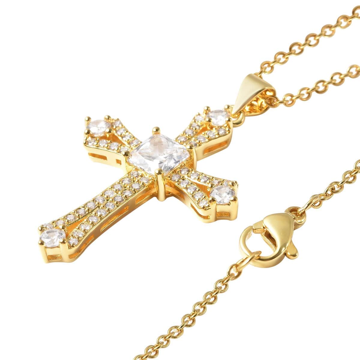 Simulated Diamond Cross Pendant in Goldtone with ION Plated YG Stainless Steel Necklace 20 Inches image number 3