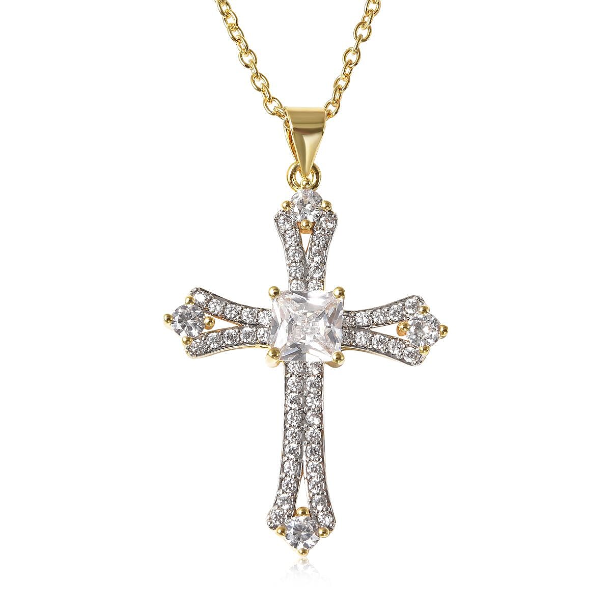 Simulated Diamond 2.65 ctw Cross Pendant in Goldtone with ION Plated YG Stainless Steel Necklace 20 Inches image number 0