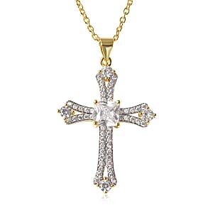 Simulated Diamond 2.65 ctw Cross Pendant in Goldtone with ION Plated YG Stainless Steel Necklace 20 Inches
