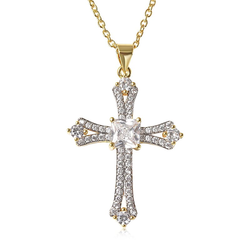 Simulated Diamond 2.65 ctw Cross Pendant in Goldtone with ION Plated YG Stainless Steel Necklace 20 Inches