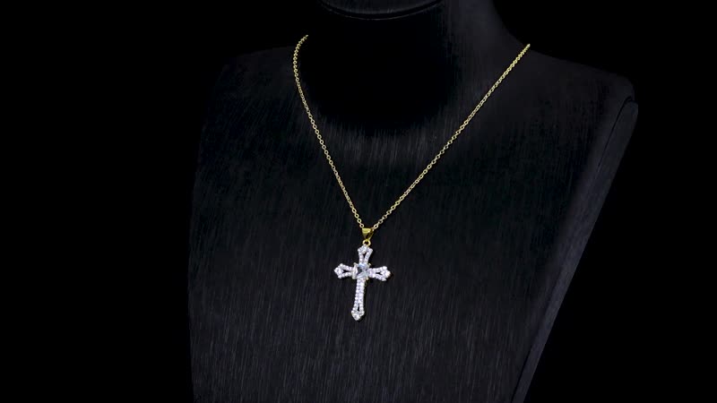 Simulated Diamond Cross Pendant Necklace 20 Inch in ION Plated 18K YG and Stainless Steel