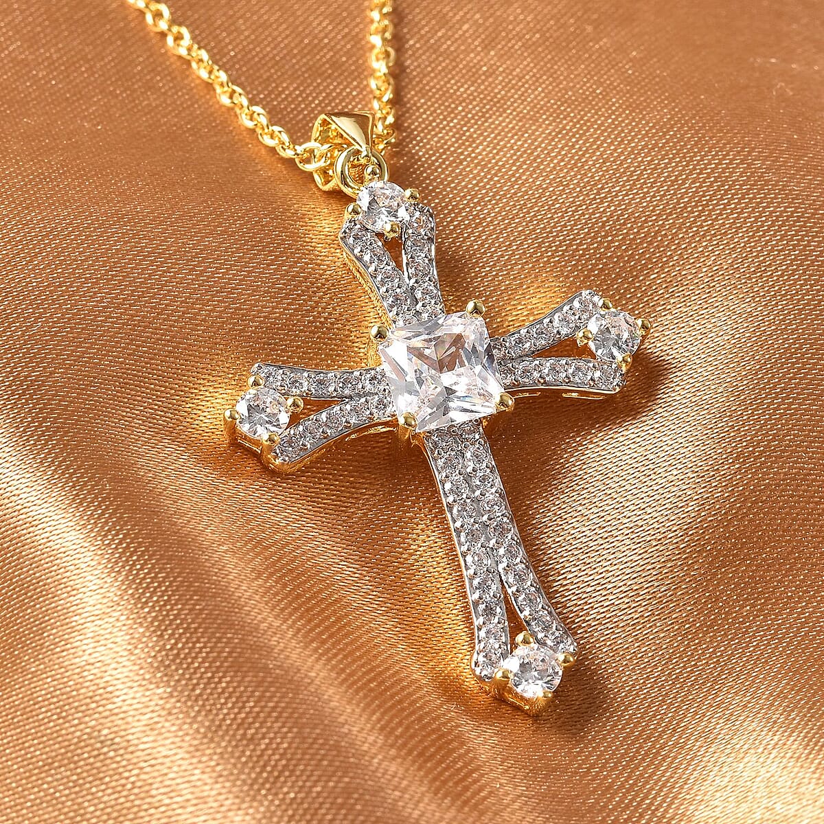 Simulated Diamond 2.65 ctw Cross Pendant in Goldtone with ION Plated YG Stainless Steel Necklace 20 Inches image number 1