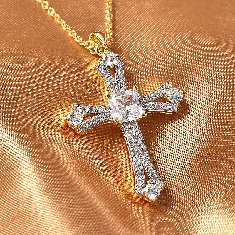 Simulated Diamond 2.65 ctw Cross Pendant in Goldtone with ION Plated YG Stainless Steel Necklace 20 Inches