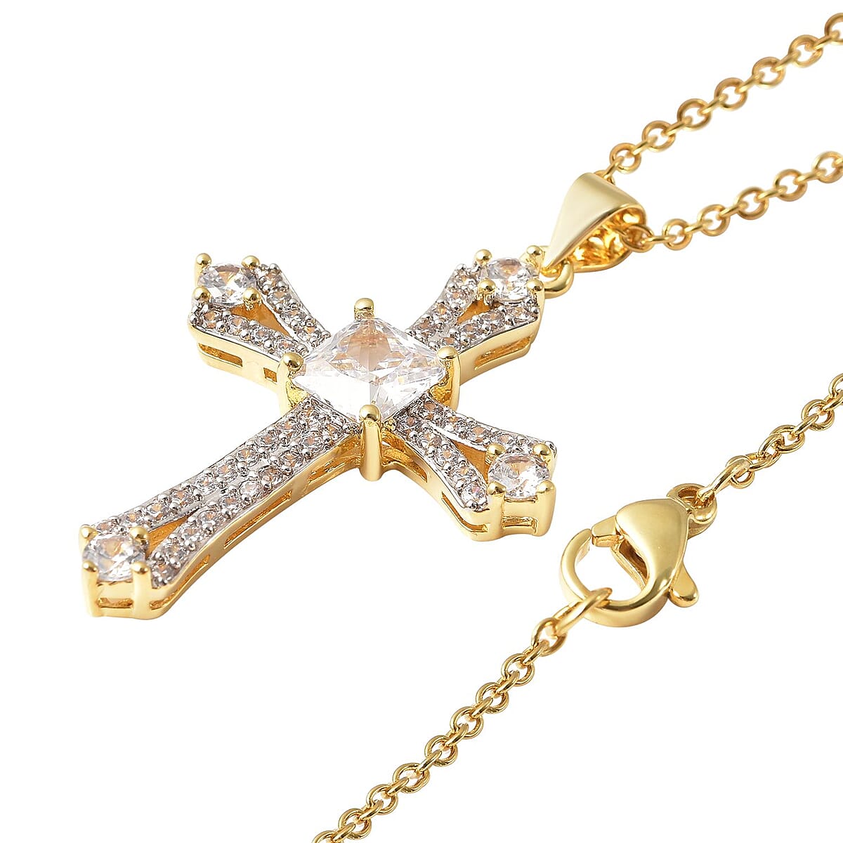 Simulated Diamond 2.65 ctw Cross Pendant in Goldtone with ION Plated YG Stainless Steel Necklace 20 Inches image number 3