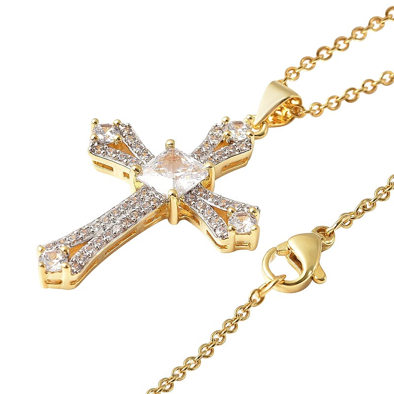 Simulated Diamond 2.65 ctw Cross Pendant in Goldtone with ION Plated YG Stainless Steel Necklace 20 Inches