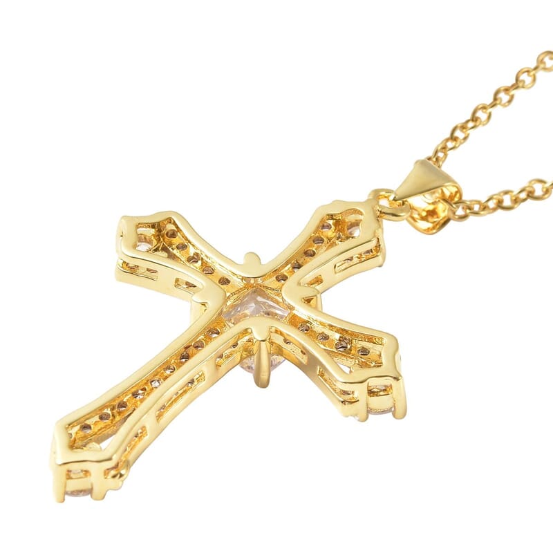 Simulated Diamond 2.65 ctw Cross Pendant in Goldtone with ION Plated YG Stainless Steel Necklace 20 Inches