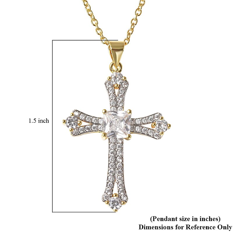Simulated Diamond 2.65 ctw Cross Pendant in Goldtone with ION Plated YG Stainless Steel Necklace 20 Inches