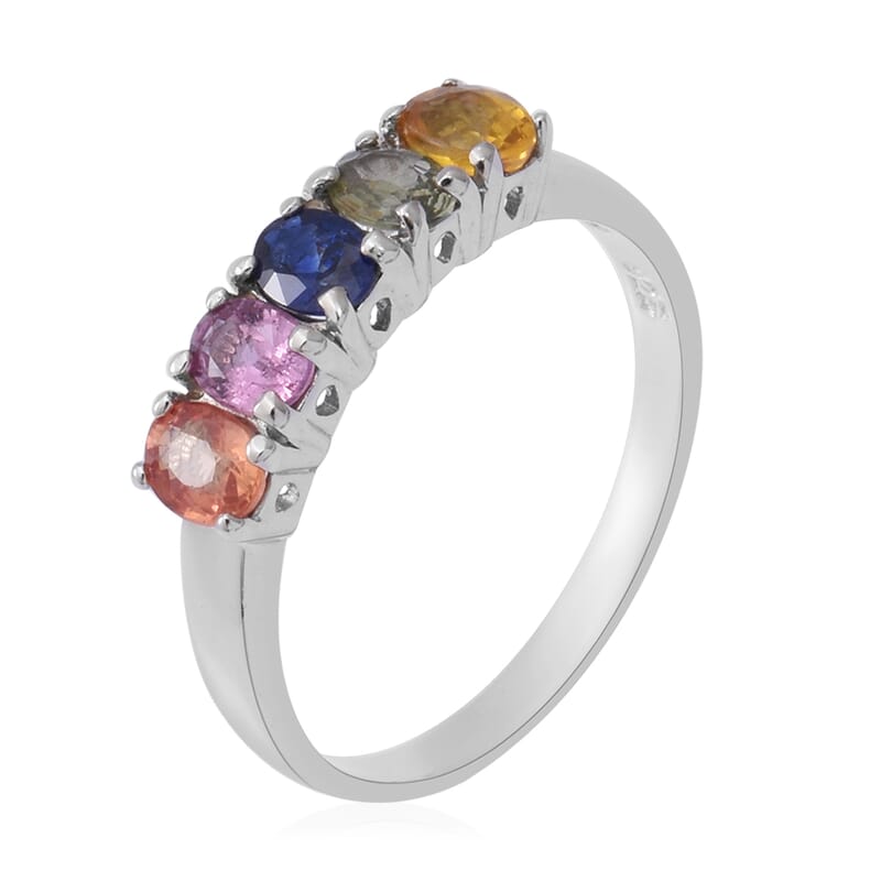 Multi Sapphire 5 Stone Ring in Platinum Over Sterling Silver (Size 10.0) 1.15 ctw
