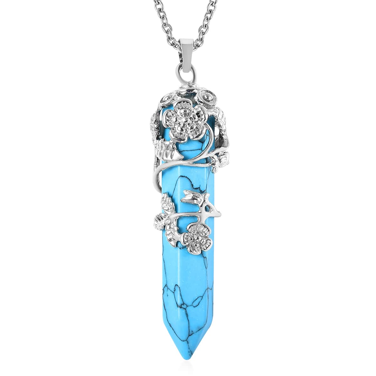 Blue Howlite Pointer Pendant in Silvertone with Stainless Steel Necklace 24 Inches 45.00 ctw image number 0