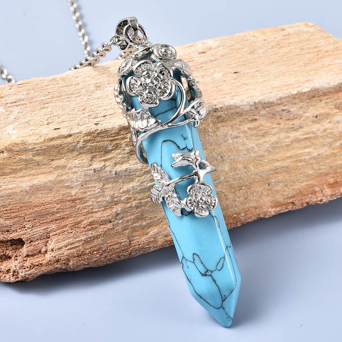 Blue Howlite Pointer Pendant in Silvertone with Stainless Steel Necklace 24 Inches 45.00 ctw image number 1