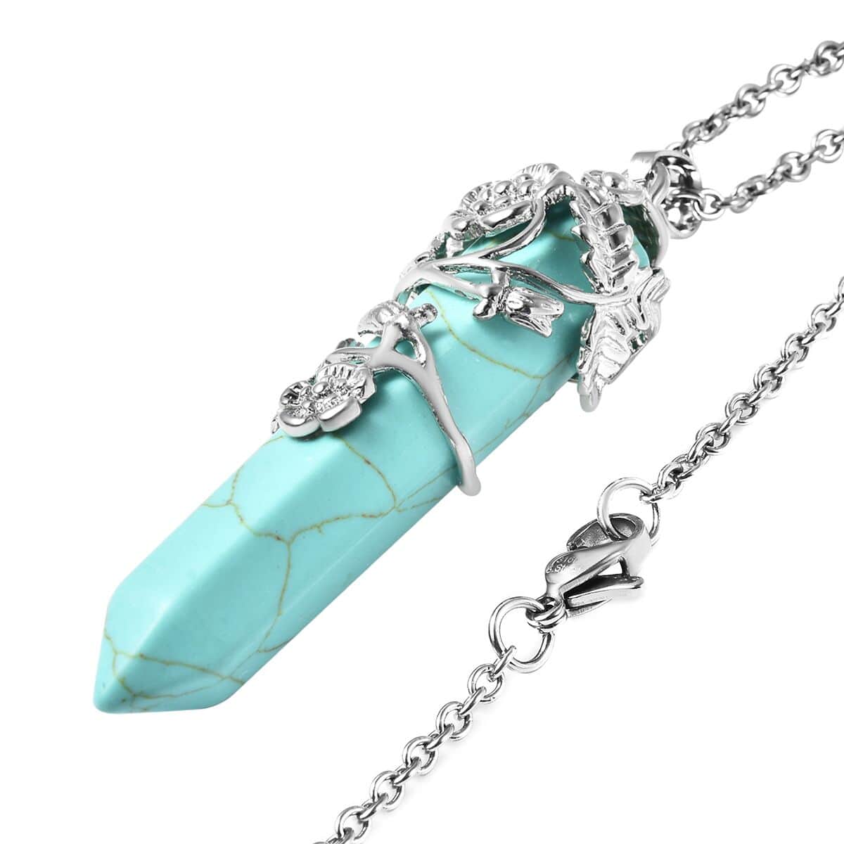 Green Howlite Pointer Pendant in Silvertone with Stainless Steel Necklace 24 Inches 45.00 ctw image number 3