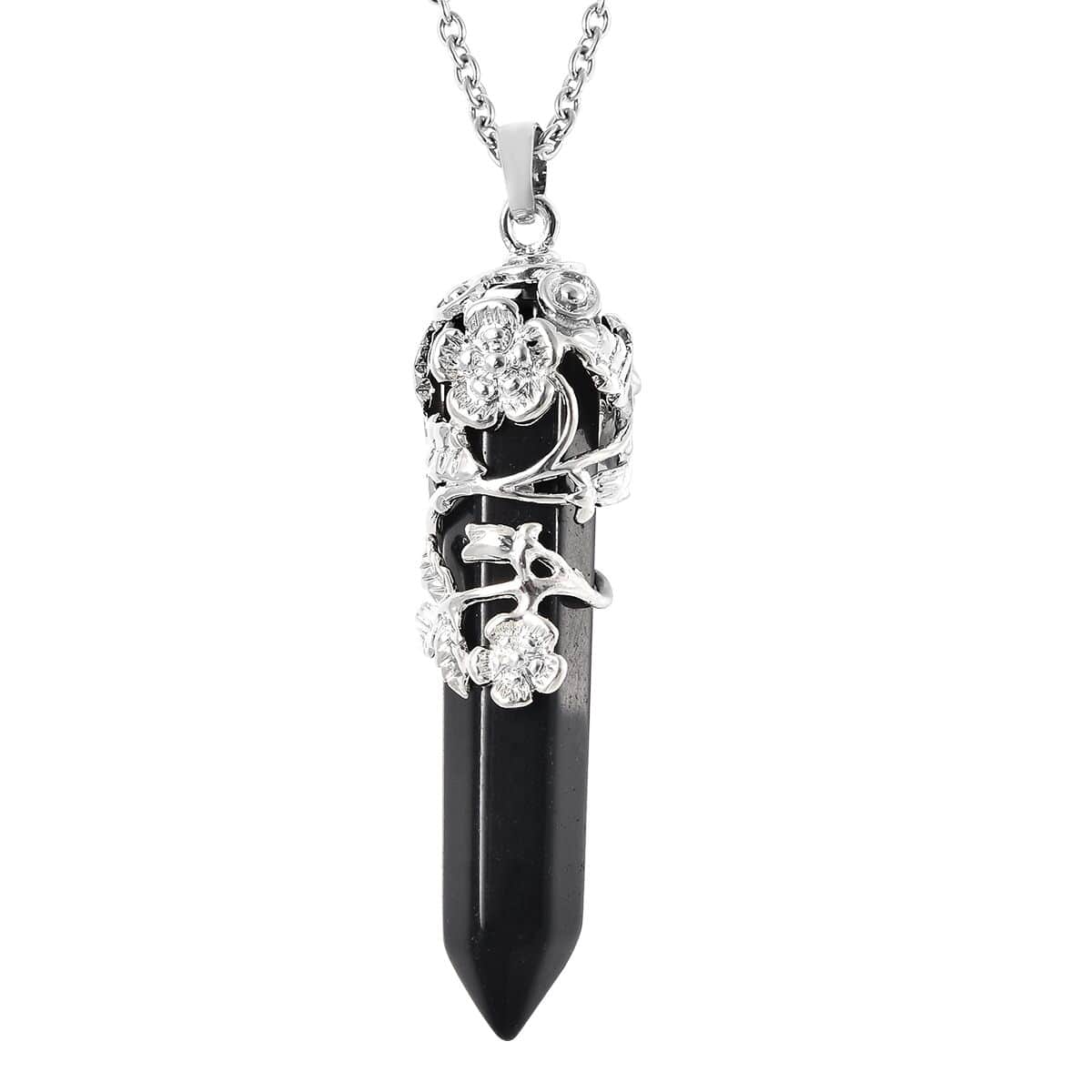 Black Obsidian Pointer Pendant in Silvertone with Stainless Steel Necklace 24 Inches 45.00 ctw image number 0