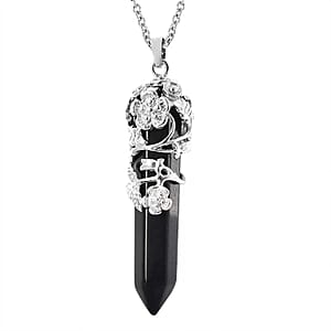 Black Obsidian Pointer Pendant in Silvertone with Stainless Steel Necklace 24 Inches 45.00 ctw