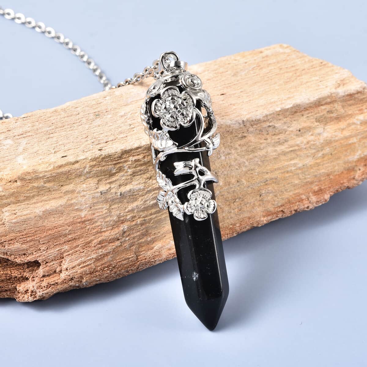 Black Obsidian Pointer Pendant in Silvertone with Stainless Steel Necklace 24 Inches 45.00 ctw image number 1