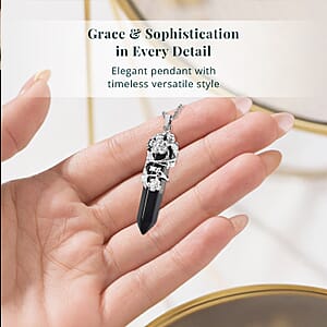 Black Obsidian Pointer Pendant in Silvertone with Stainless Steel Necklace 24 Inches 45.00 ctw