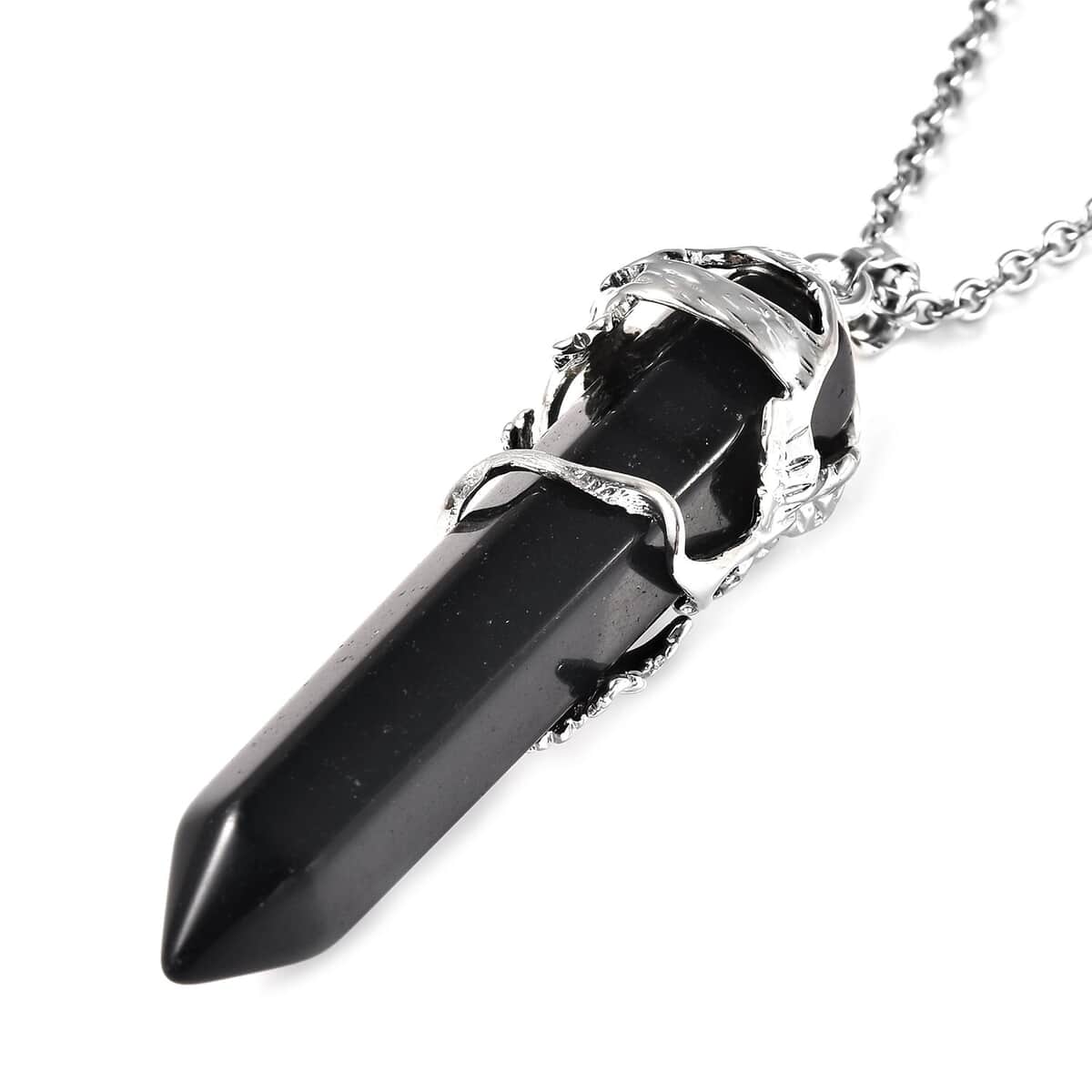 Black Obsidian Pointer Pendant in Silvertone with Stainless Steel Necklace 24 Inches 45.00 ctw image number 3