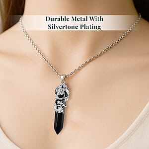 Black Obsidian Pointer Pendant in Silvertone with Stainless Steel Necklace 24 Inches 45.00 ctw