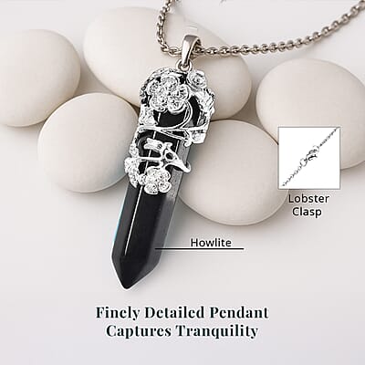 Black Obsidian Pointer Pendant in Silvertone with Stainless Steel Necklace 24 Inches 45.00 ctw
