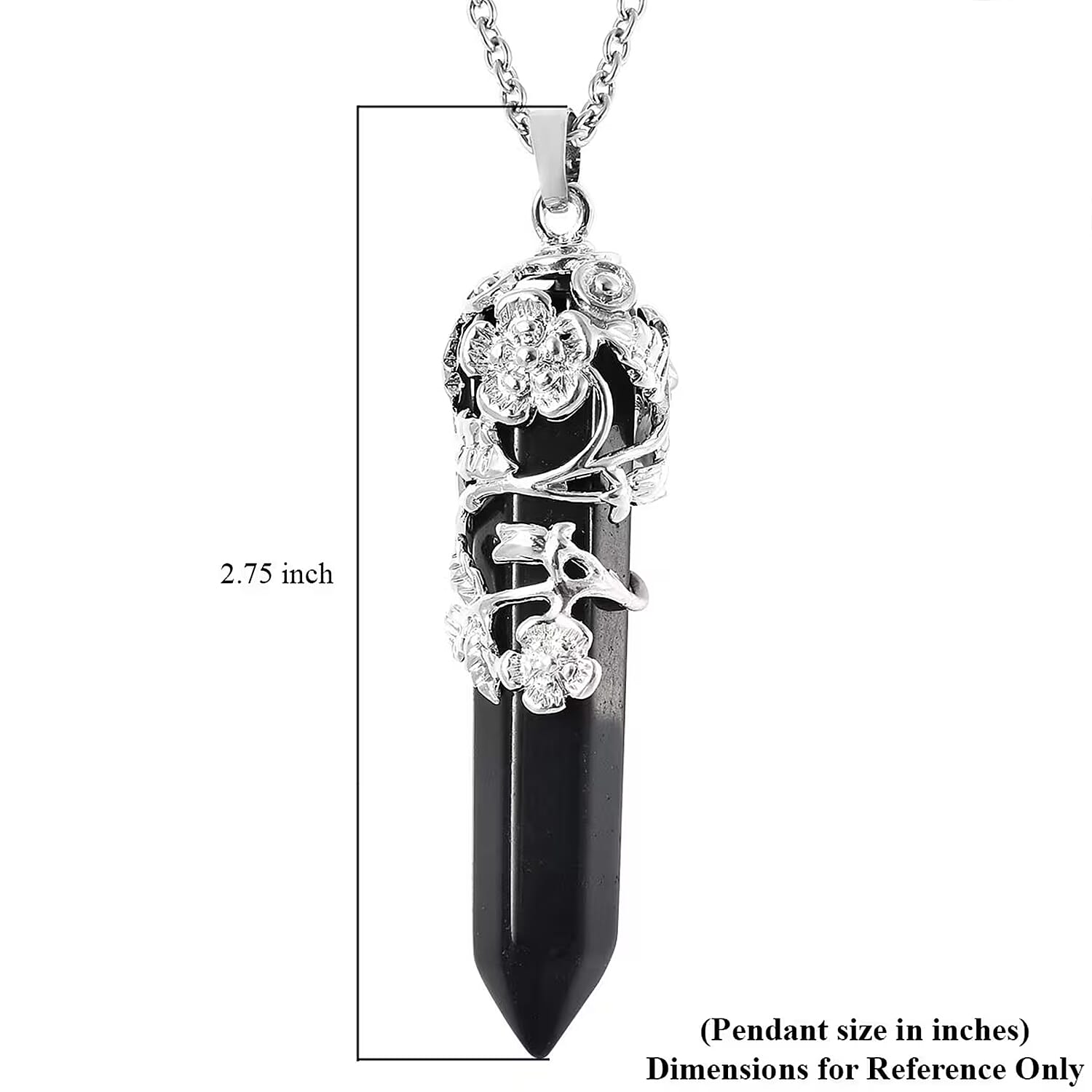 Black Obsidian Pointer Pendant in Silvertone with Stainless Steel Necklace 24 Inches 45.00 ctw