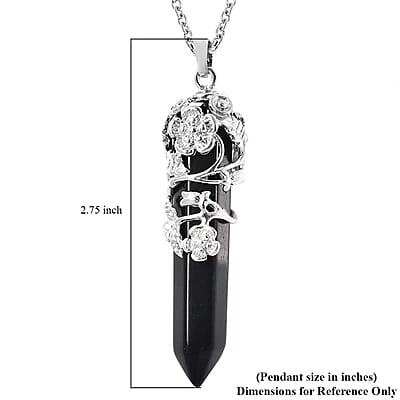 Black Obsidian Pointer Pendant in Silvertone with Stainless Steel Necklace 24 Inches 45.00 ctw
