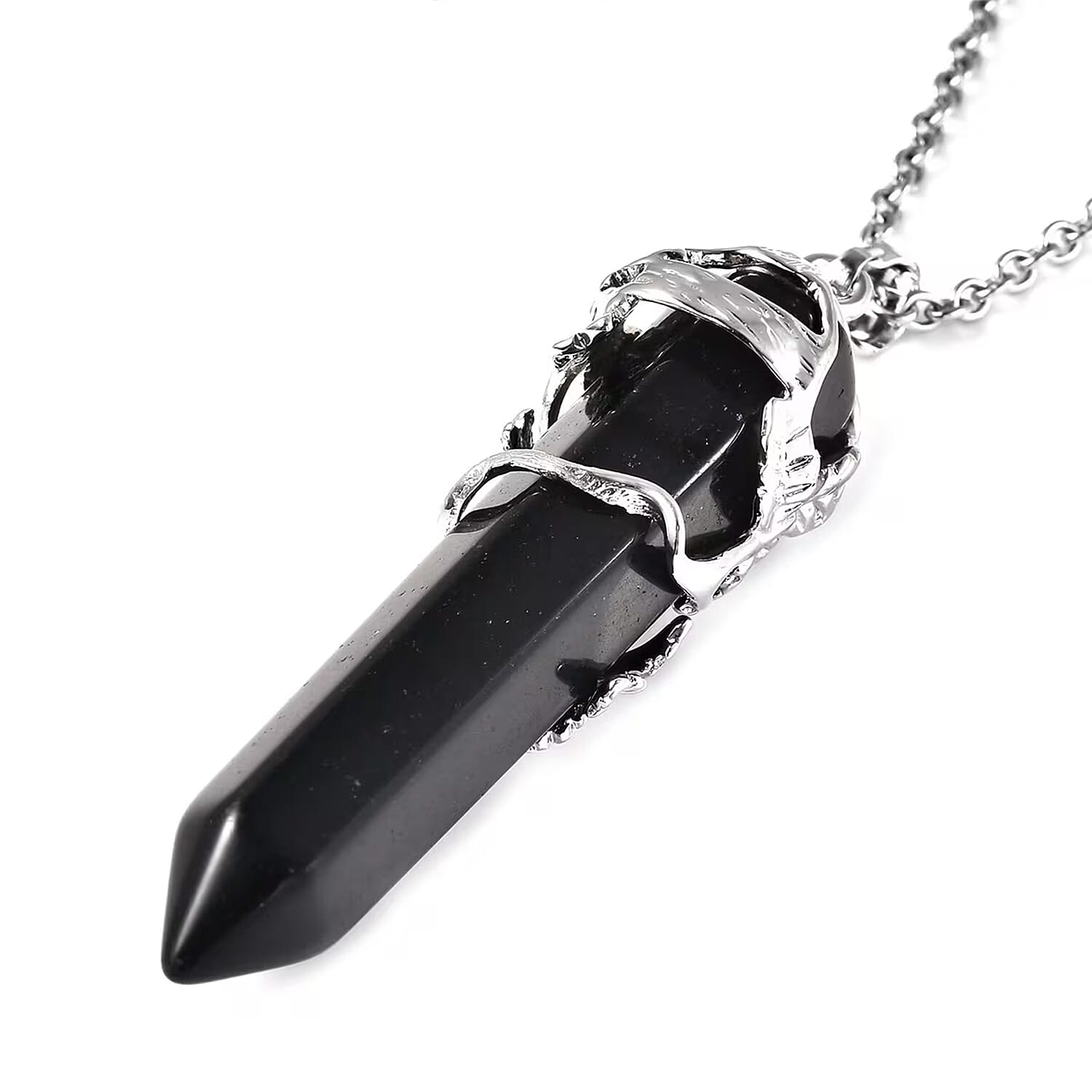 Black Obsidian Pointer Pendant in Silvertone with Stainless Steel Necklace 24 Inches 45.00 ctw