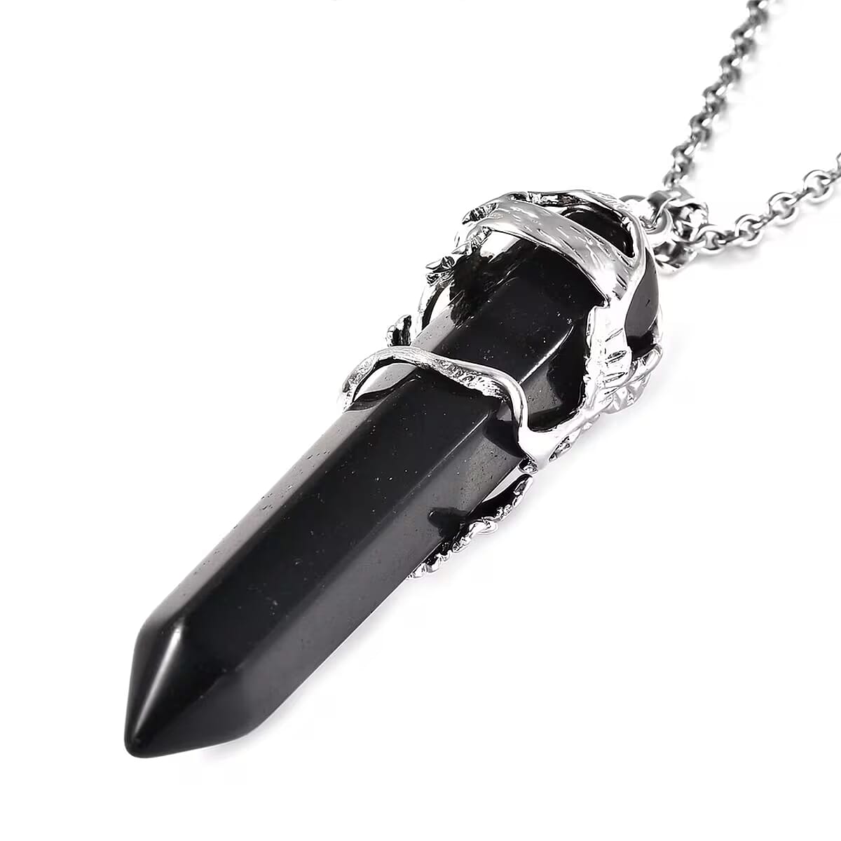 Black Obsidian Pointer Pendant in Silvertone with Stainless Steel Necklace 24 Inches 45.00 ctw image number 7