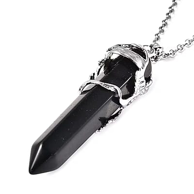 Black Obsidian Pointer Pendant in Silvertone with Stainless Steel Necklace 24 Inches 45.00 ctw
