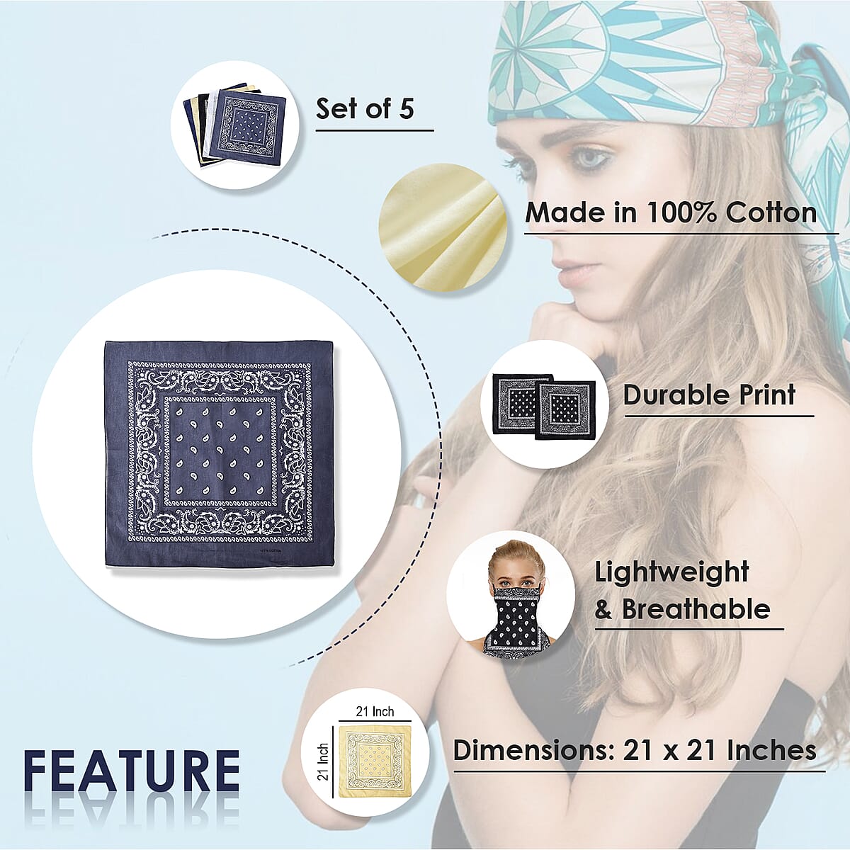 Set of 5 Multi Color Paisley Pattern Bandanas image number 2