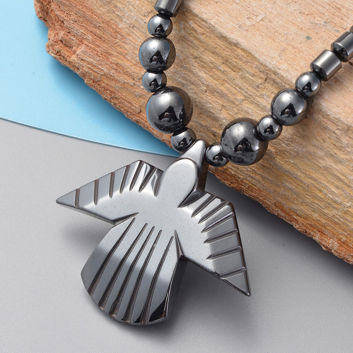 Magnetic by Design Hematite Beaded Necklace 20 Inches with Eagle Pendant in Stainless Steel