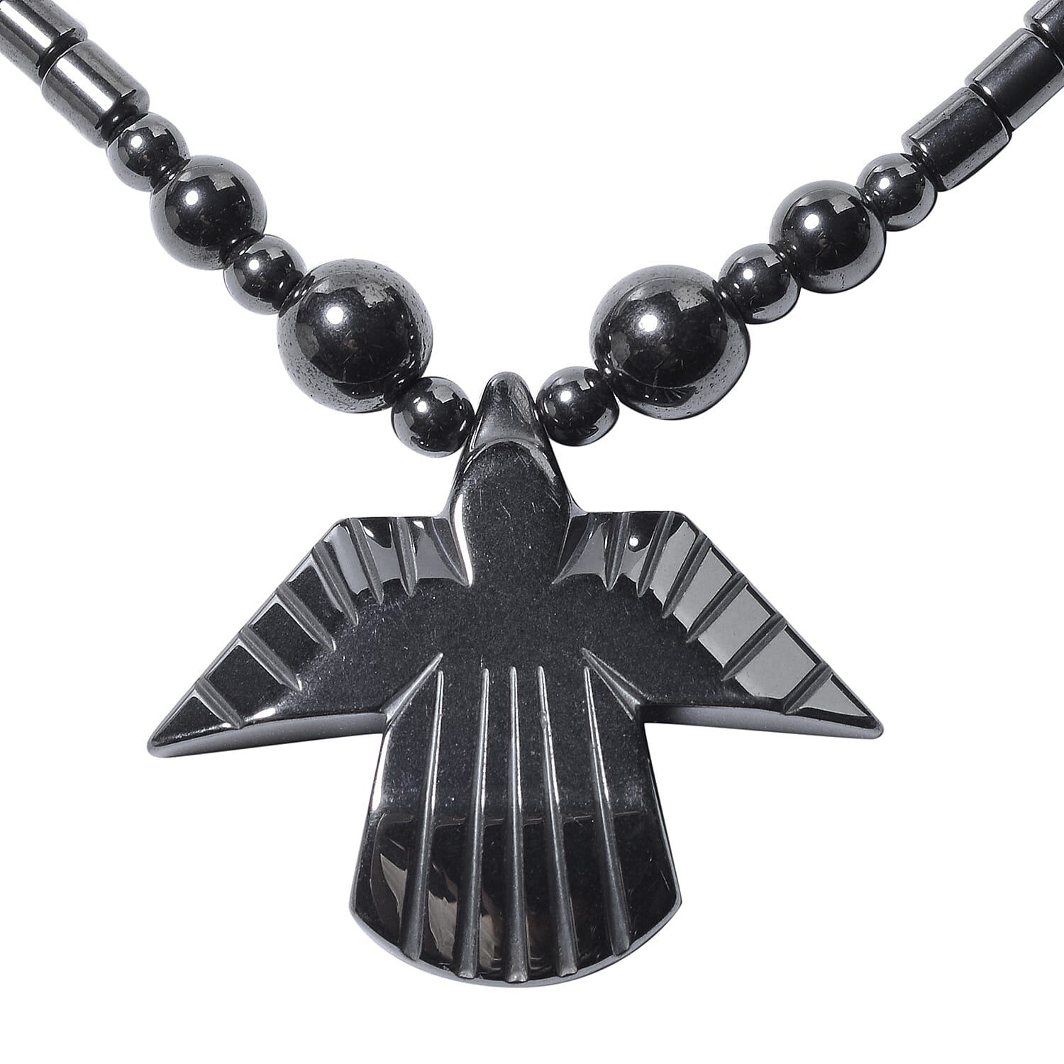 Magnetic by Design Hematite Beaded Necklace 20 Inches with Eagle Pendant in Stainless Steel