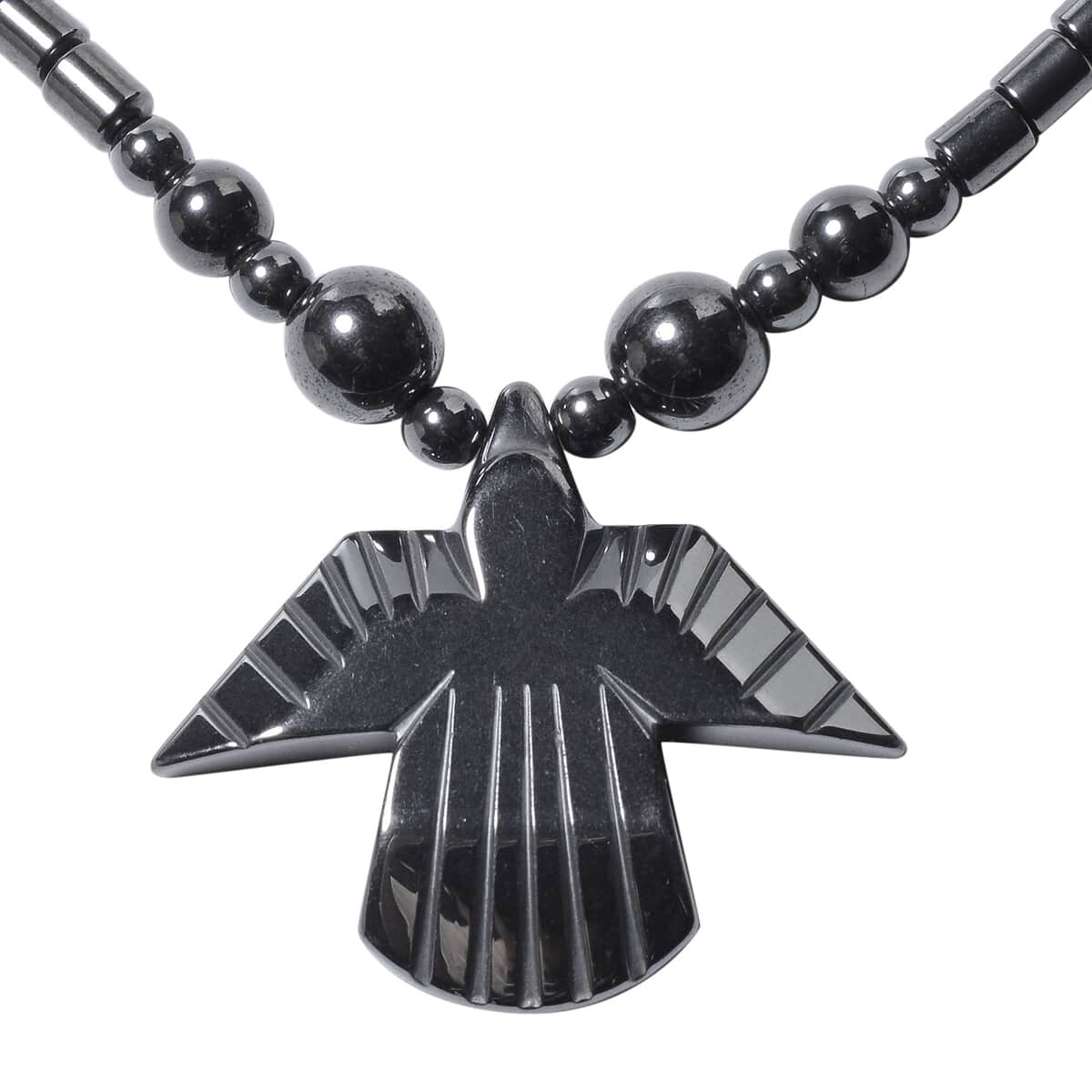 Hematite Beaded Necklace 20 Inches with Eagle Pendant in Stainless Steel image number 2