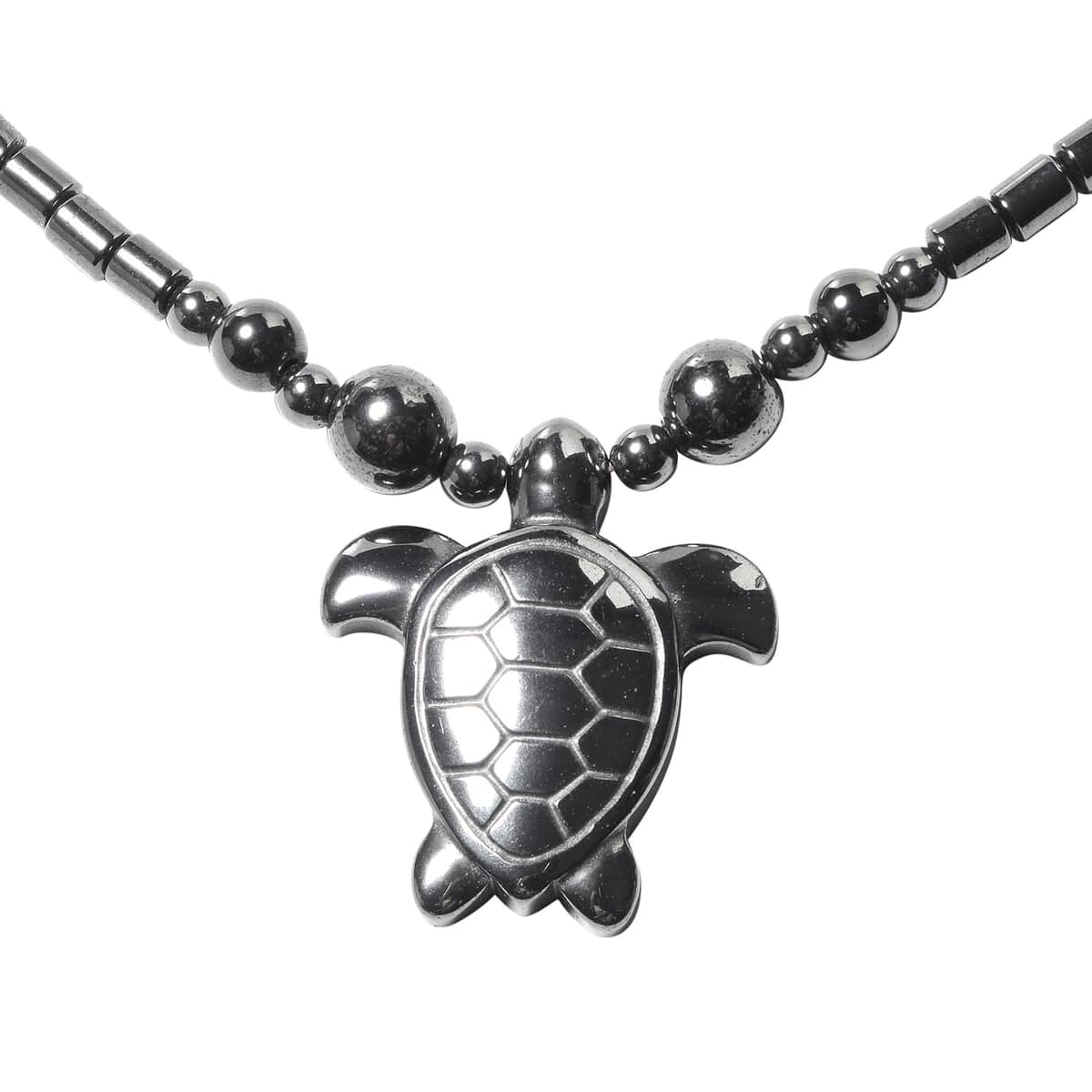 Hematite Beaded Necklace 20 Inches with Turtle Pendant in Stainless Steel image number 2
