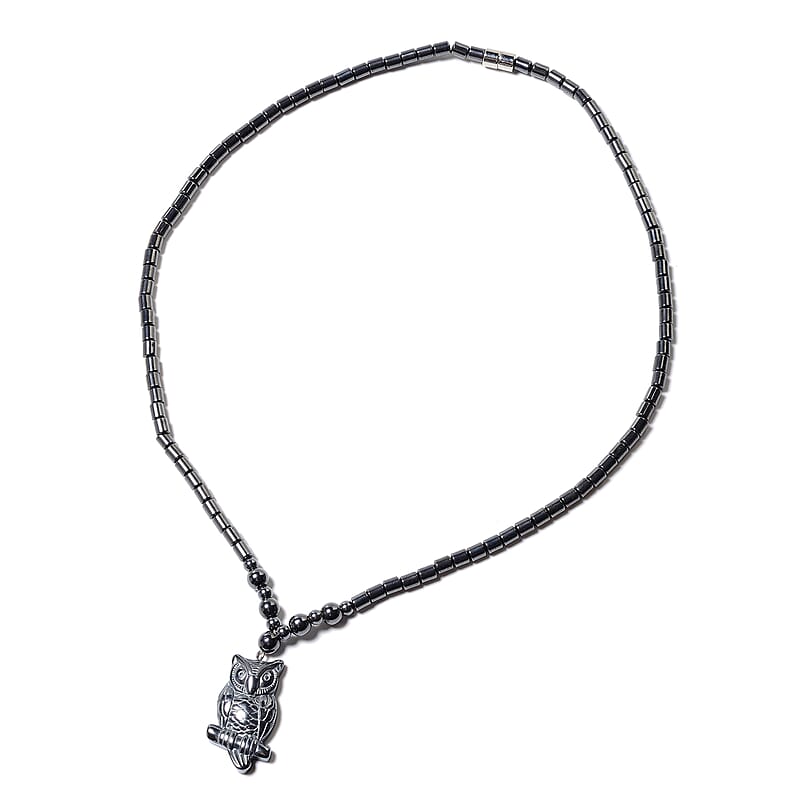 Magnetic by Design Hematite Beaded Necklace 20 Inches with Owl Pendant in Stainless Steel
