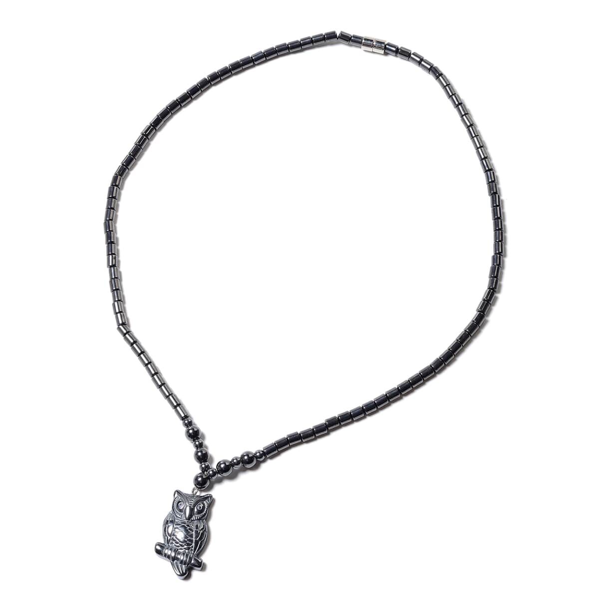 Magnetic by Design Hematite Beaded Necklace 20 Inches with Owl Pendant in Stainless Steel image number 0