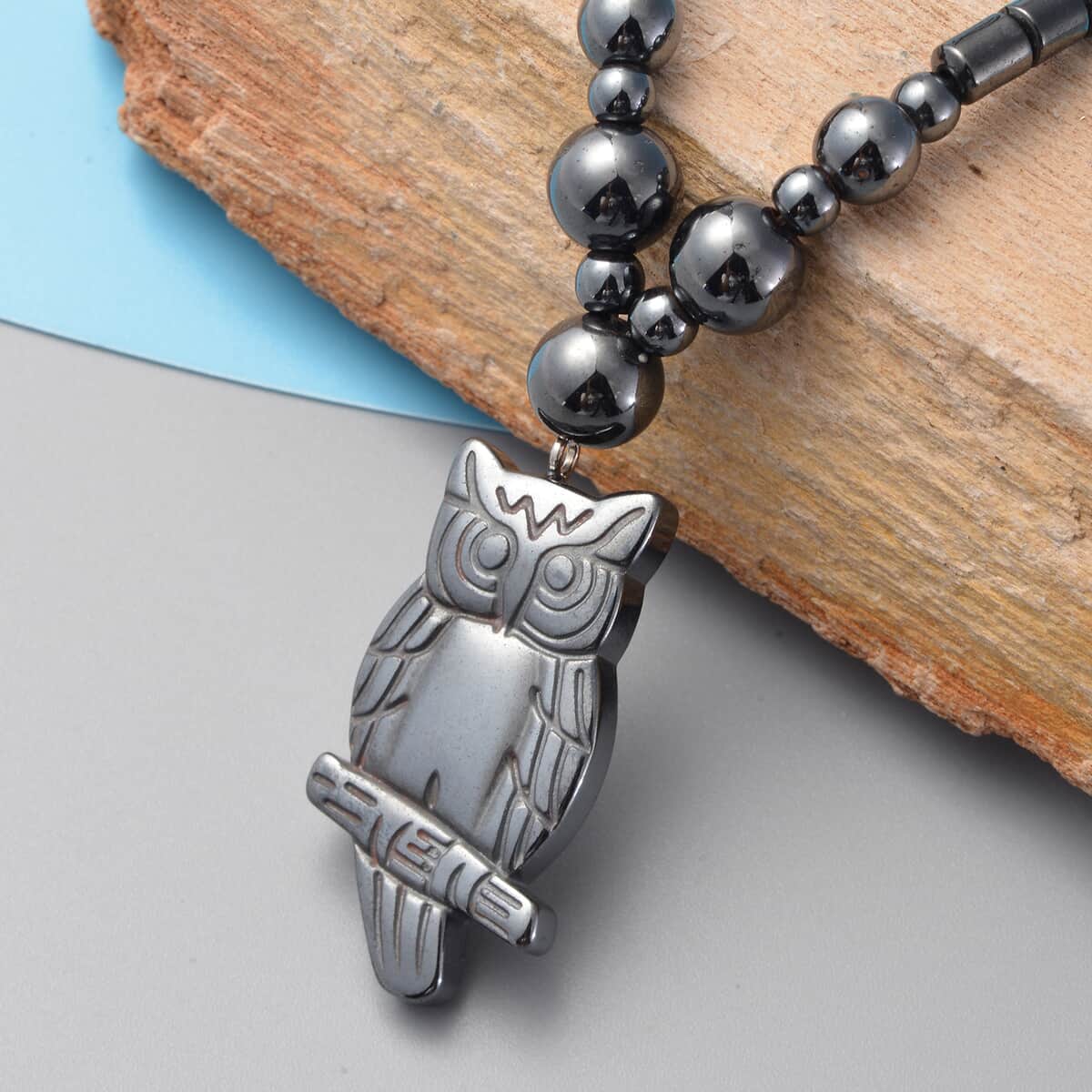 Magnetic by Design Hematite Beaded Necklace 20 Inches with Owl Pendant in Stainless Steel image number 1